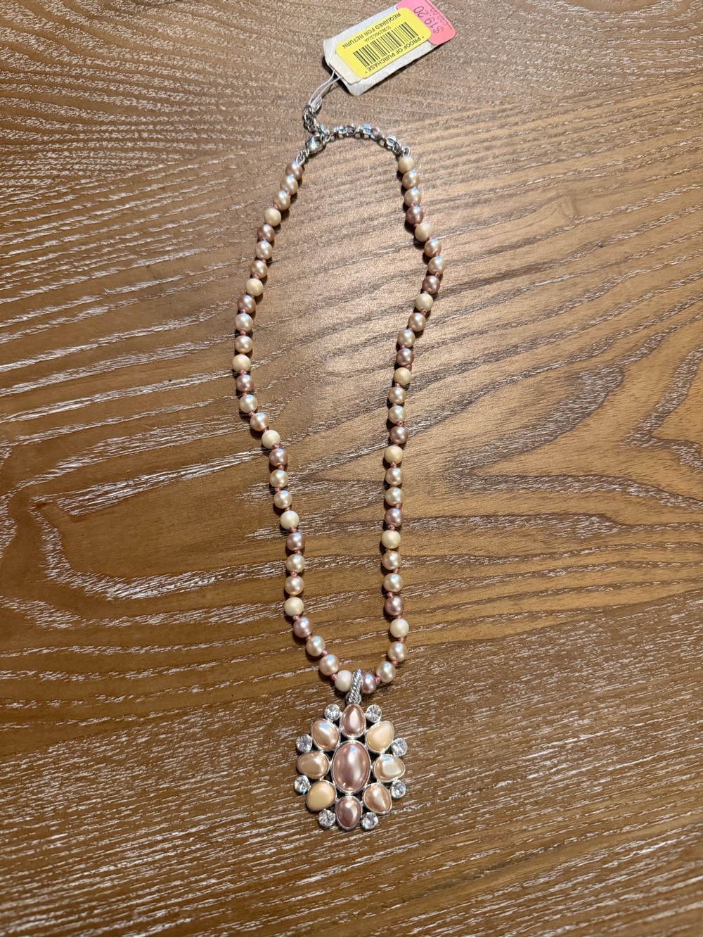 Pearl Bead Necklace with Pink and Champagne Pendant